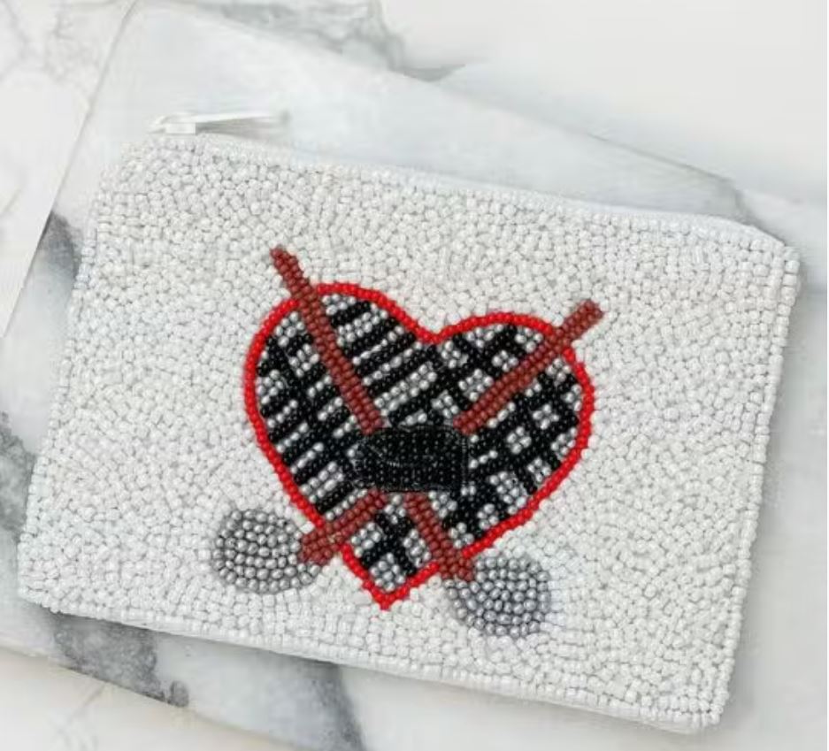 Ice Hockey Heart Beaded Zip Pouch